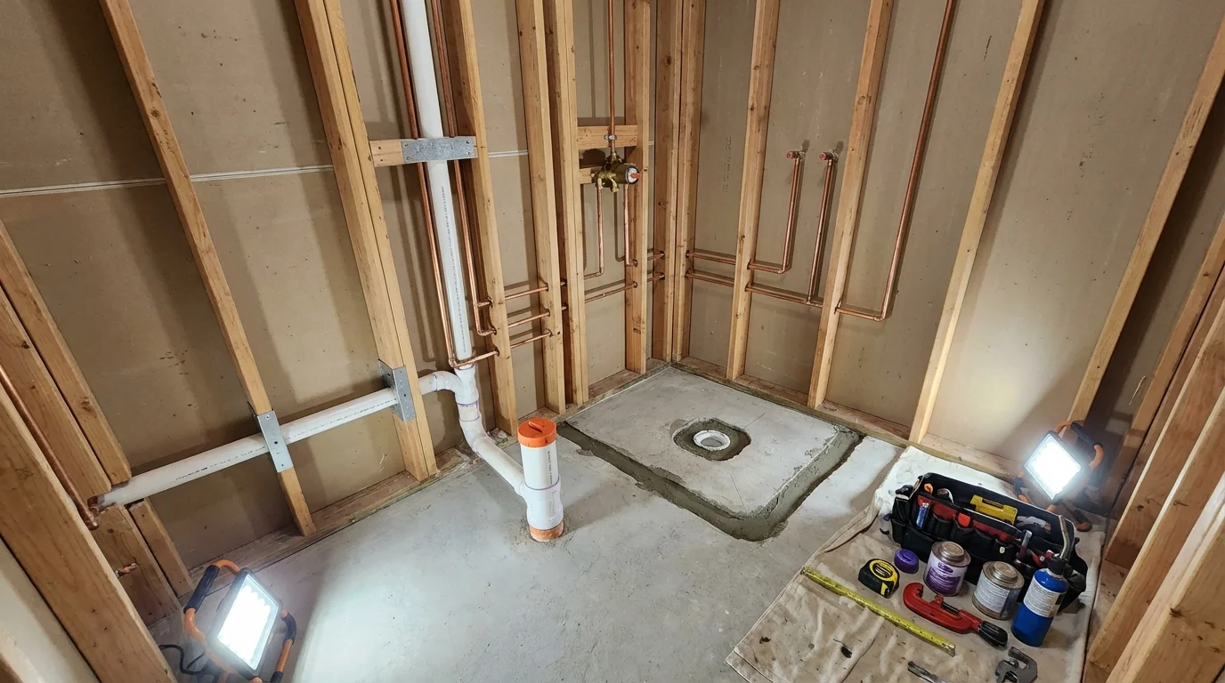 Bathroom rough-in plumbing during remodel by Johns Plumbing LLC in Great Falls