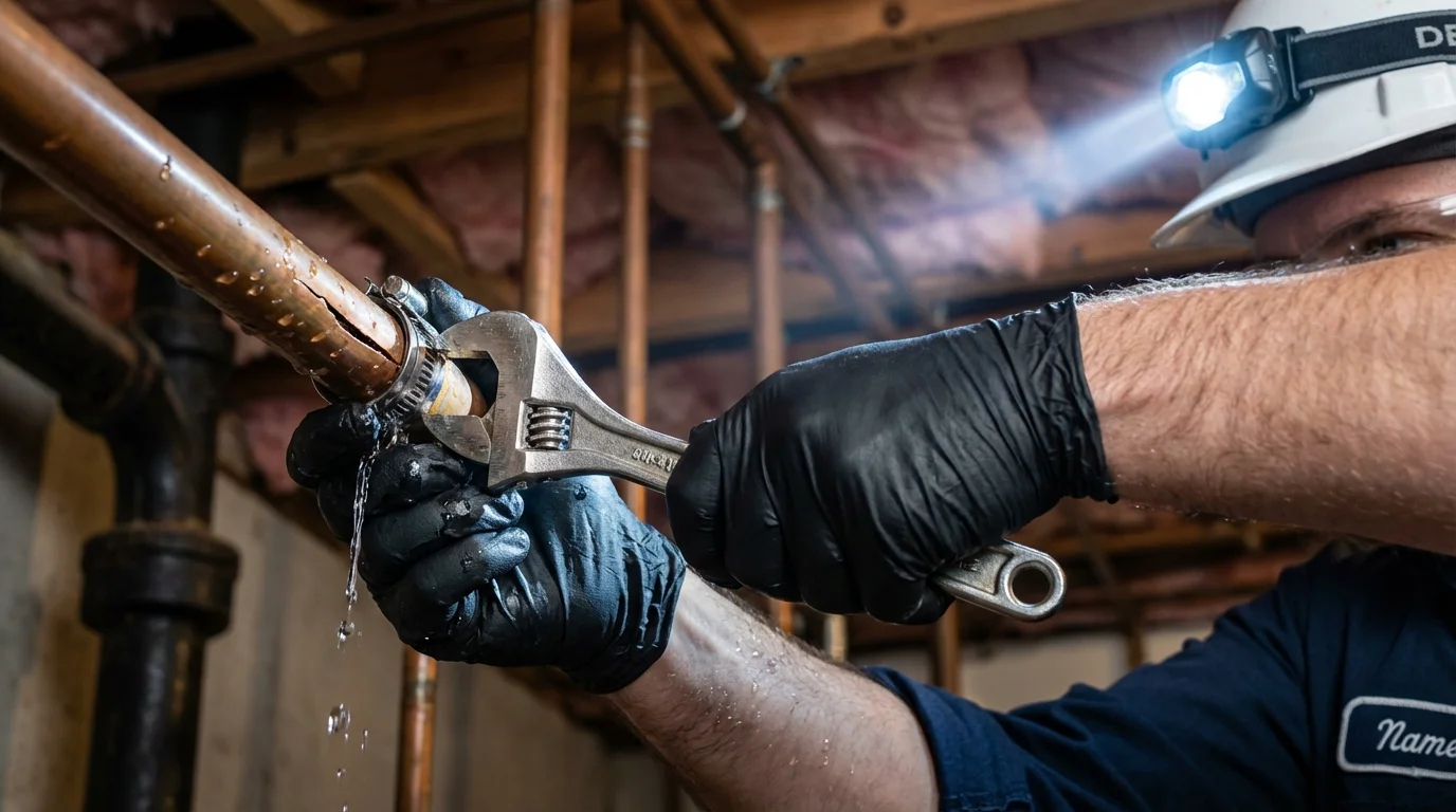 Emergency pipe clamp repair being performed by a Johns Plumbing LLC plumber in Great Falls