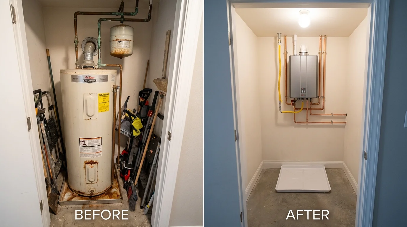 Tank water heater versus wall-mounted tankless unit comparison for Great Falls, VA homeowners