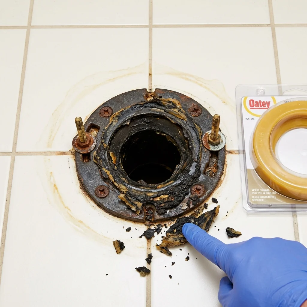 Failed wax ring showing water seepage at the base of a toilet in a Great Falls, VA home